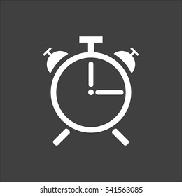 Alarm clock icon flat. Vector white illustration isolated on black background. Flat symbol