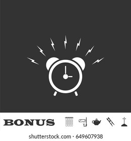 Alarm clock icon flat. White pictogram on black background. Vector illustration symbol and bonus icons