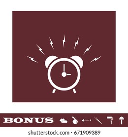 Alarm clock icon flat. White pictogram on brown background. Vector illustration symbol and bonus icons