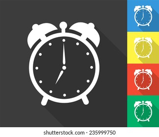alarm clock icon - gray and colored (blue, yellow, red, green) vector illustration with long shadow