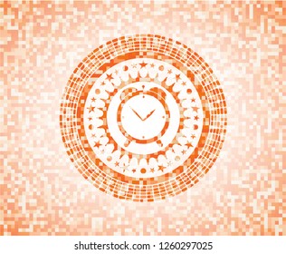 alarm clock icon inside abstract orange mosaic emblem with background