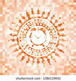 alarm clock icon inside abstract orange mosaic emblem with background