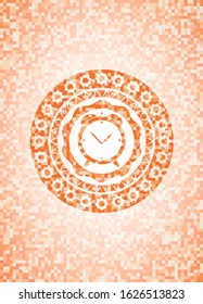 alarm clock icon inside abstract orange mosaic emblem with background