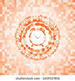 alarm clock icon inside abstract orange mosaic emblem with background