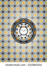 alarm clock icon inside arabesque style emblem. arabic decoration.