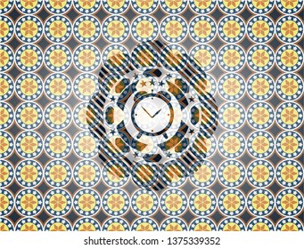 alarm clock icon inside arabesque style badge. arabic decoration.