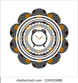 alarm clock icon inside arabic style emblem. Arabesque decoration.