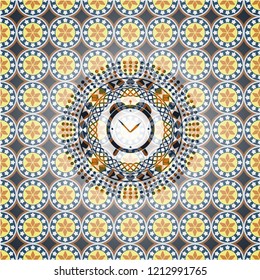alarm clock icon inside arabic emblem. Arabesque decoration.