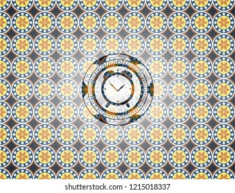 alarm clock icon inside arabic emblem background. Arabesque decoration.