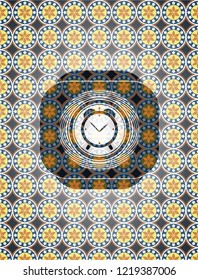 alarm clock icon inside arabic emblem background. Arabesque decoration.