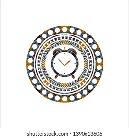 alarm clock icon inside arabic emblem background. Arabesque decoration.