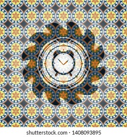 alarm clock icon inside arabic style badge. Arabesque decoration.