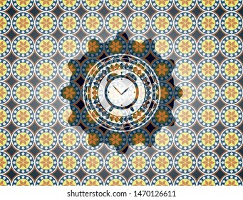 alarm clock icon inside arabic style emblem. Arabesque decoration.