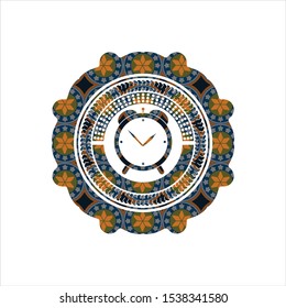 alarm clock icon inside arabic badge background. Arabesque decoration.