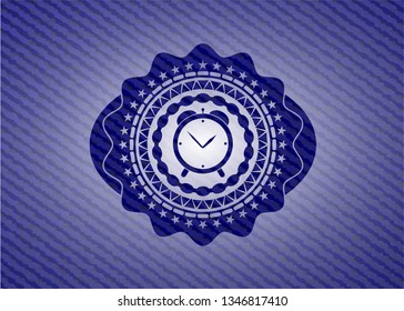 alarm clock icon inside badge with denim texture