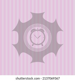 alarm clock icon inside badge with pink background. Elegant design. 