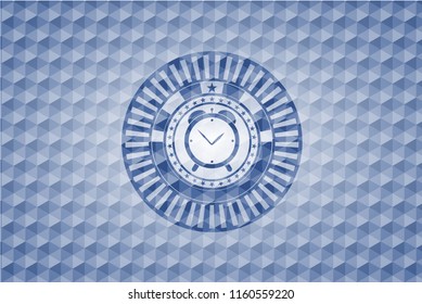 alarm clock icon inside blue hexagon badge.