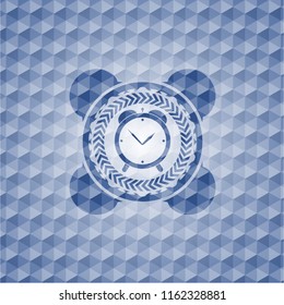 alarm clock icon inside blue hexagon emblem.