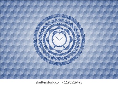 alarm clock icon inside blue polygonal badge.