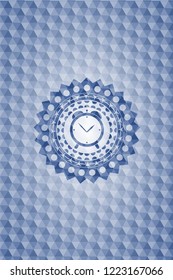 alarm clock icon inside blue emblem with geometric background.