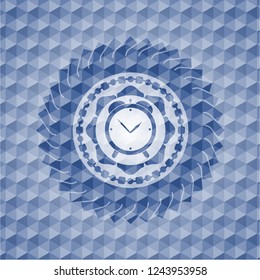 alarm clock icon inside blue badge with geometric pattern background.