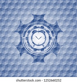 alarm clock icon inside blue emblem or badge with geometric pattern background.