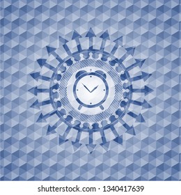 alarm clock icon inside blue emblem or badge with geometric pattern background.