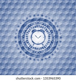 alarm clock icon inside blue emblem with geometric background.