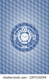 alarm clock icon inside blue emblem or badge with geometric pattern background.