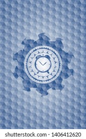 alarm clock icon inside blue emblem with geometric background.