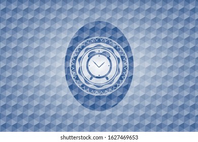 alarm clock icon inside blue emblem with geometric pattern background.