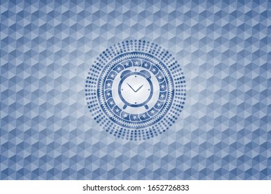 alarm clock icon inside blue hexagon badge.