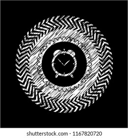 alarm clock icon inside chalkboard emblem