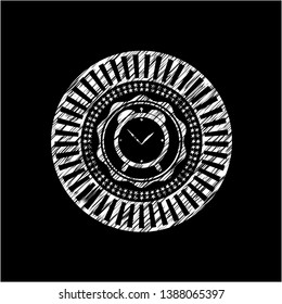 alarm clock icon inside chalkboard emblem on black board