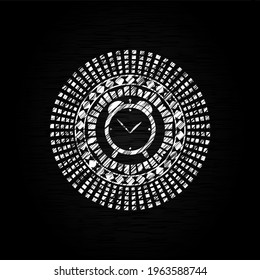 alarm clock icon inside chalkboard emblem. 
