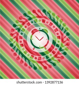alarm clock icon inside christmas colors style emblem.
