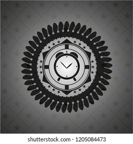 alarm clock icon inside dark emblem. Retro