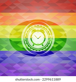 alarm clock icon inside emblem on mosaic background with the colors of the LGBT flag. 