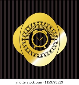 alarm clock icon inside gold badge or emblem