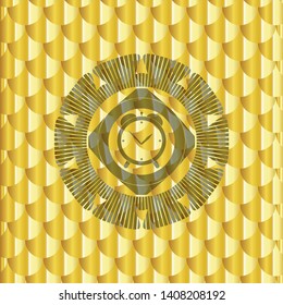 alarm clock icon inside gold shiny emblem. Scales pattern. Vector Illustration. Detailed.