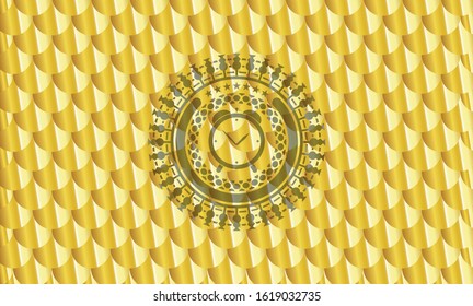 alarm clock icon inside gold emblem or badge. Scales pattern. Vector Illustration. Detailed.
