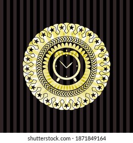 icono del reloj de alarma dentro del emblema dorado brillante. 