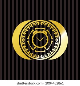 icono del reloj de alarma dentro de la insignia dorada brillante. 