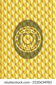 alarm clock icon inside gold badge or emblem. Scales pattern. Vector Illustration. Detailed. 