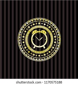 alarm clock icon inside golden emblem or badge