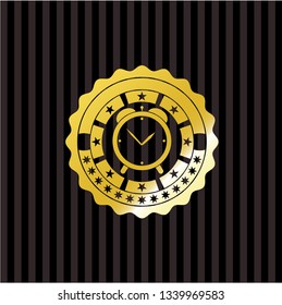 alarm clock icon inside golden emblem or badge