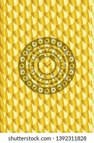 alarm clock icon inside golden emblem or badge. Scales pattern. Vector Illustration. Detailed.