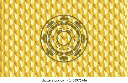 alarm clock icon inside golden badge. Scales pattern. Vector Illustration. Detailed.