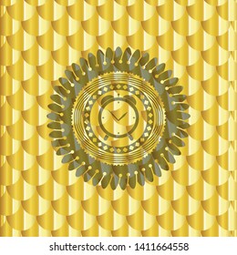 alarm clock icon inside golden emblem or badge. Scales pattern. Vector Illustration. Detailed.