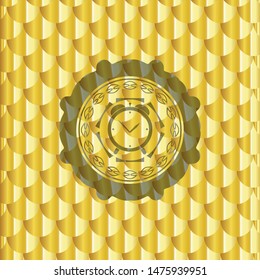 alarm clock icon inside golden badge. Scales pattern. Vector Illustration. Detailed.
